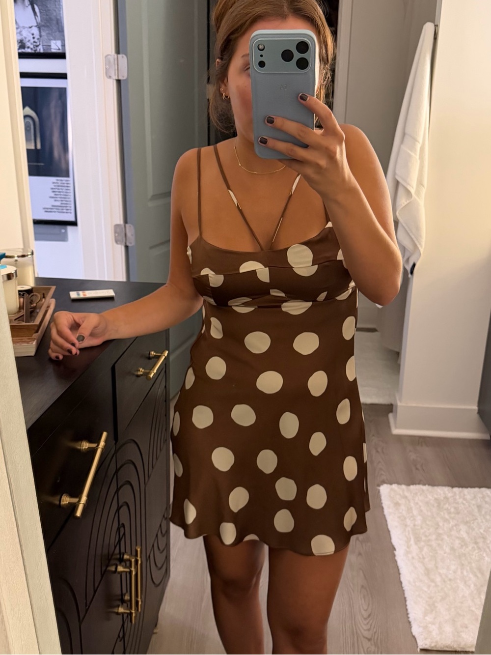 Altar'd State Brown Slip Mini Dress with Cream Polka Dots